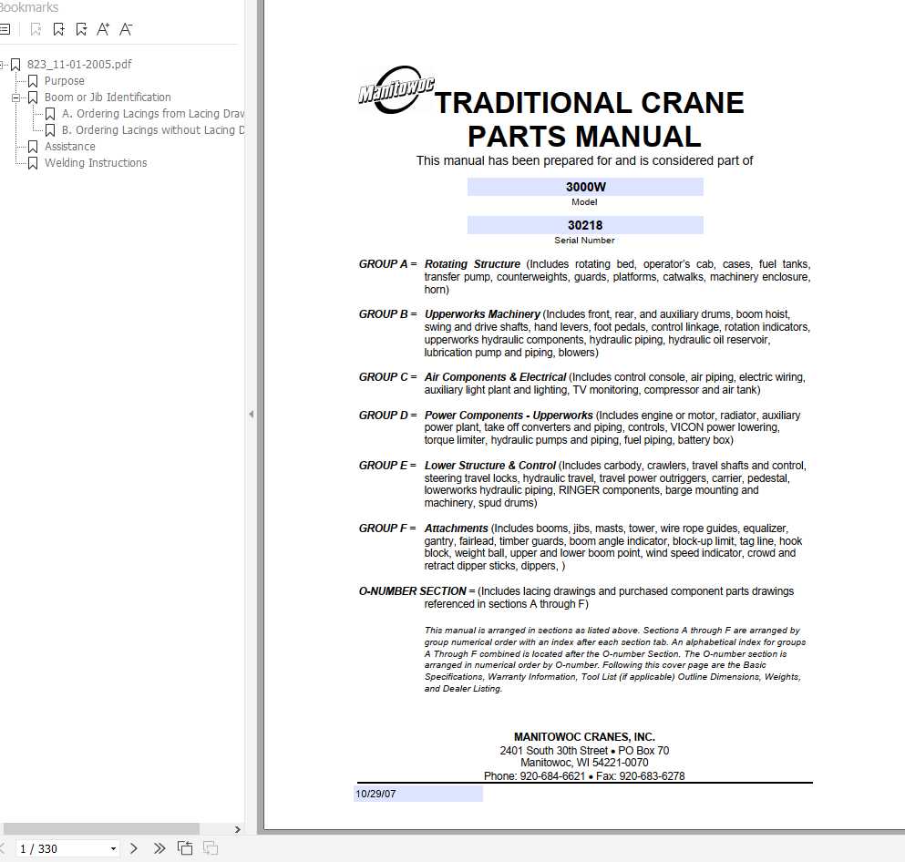Manitowoc Cranes 3000W 30218 PM 10 29 2007 Spare Parts Manual PDF 1