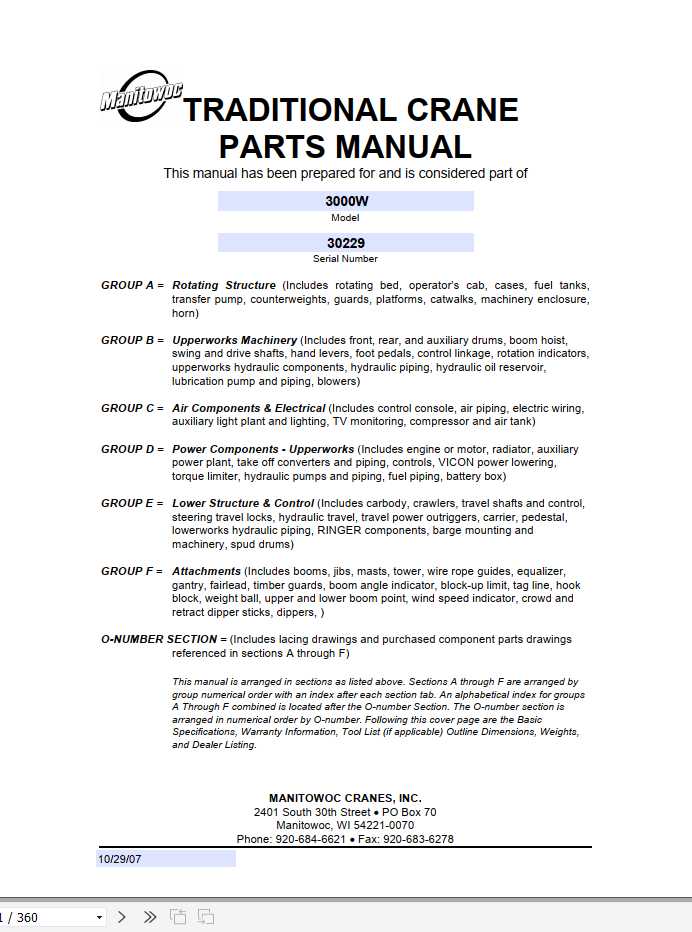 Manitowoc Cranes 3000W 30229 PM 10 29 2007 Spare Parts Manual PDF 1