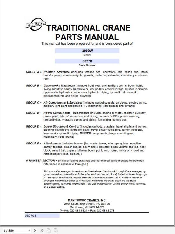 Manitowoc Cranes 3000W 30273 PM 05 07 2003 Spare Parts Manual PDF 1