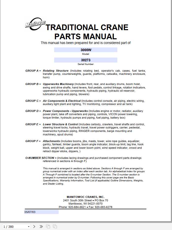 Manitowoc Cranes 3000W 30273 PM 05 07 2003 Spare Parts Manual PDF 1