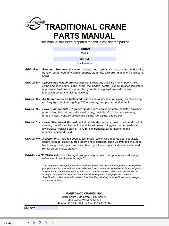 Manitowoc Cranes 3000W 30324 PM 09 13 2007 Spare Parts Manual PDF 1