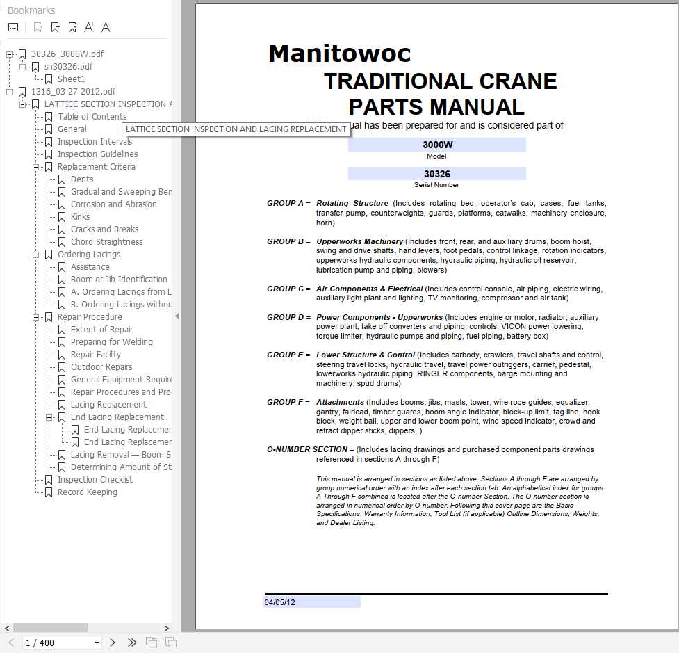 Manitowoc Cranes 3000W 30326 PM 04 05 2012 Spare Parts Manual PDF 1
