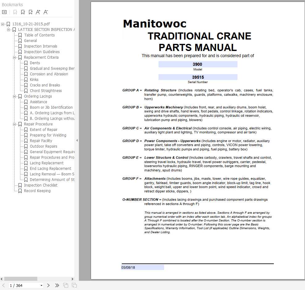 Manitowoc Cranes 3900 39515 PM 05 08 2018 Spare Parts Manual PDF 1