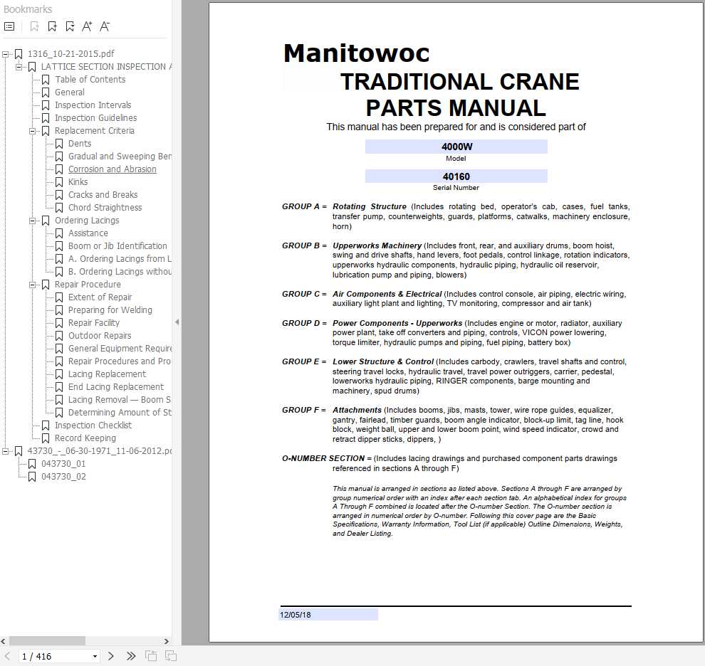 Manitowoc Cranes 4000W 40160 PM 12 05 2018 Spare Parts Manual PDF 1