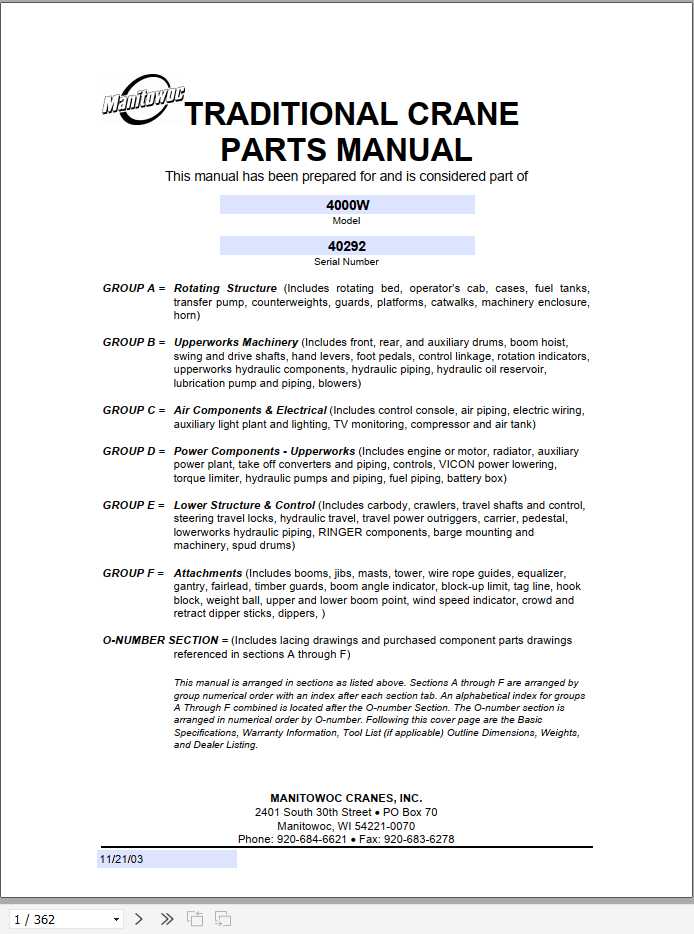 Manitowoc Cranes 4000W 40292 PM 11 21 2003 Spare Parts Manual PDF 1