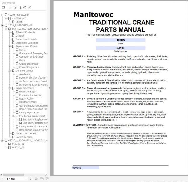 Manitowoc Cranes 4000W 40294 PM 06 06 2013 Spare Parts Manual PDF 1