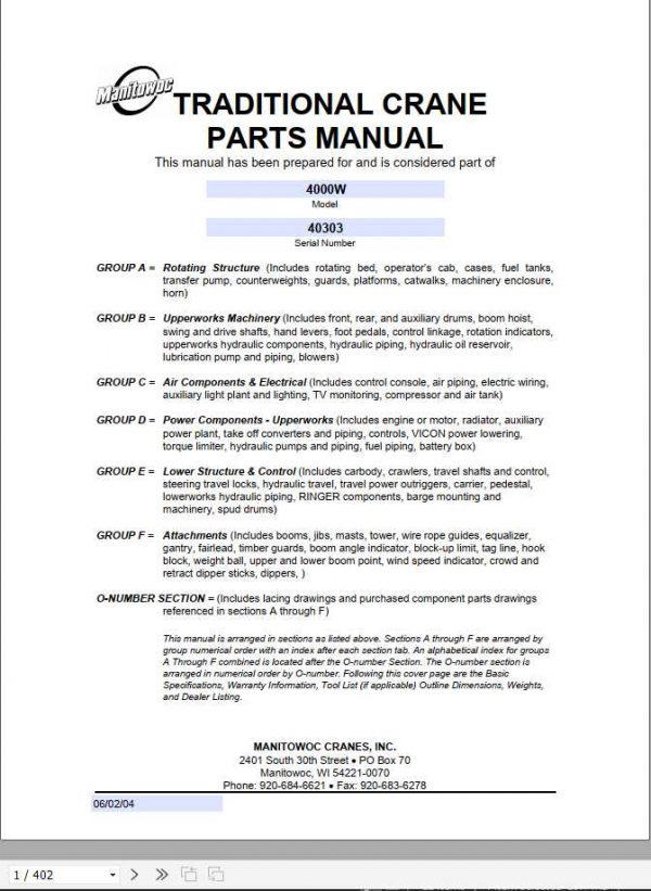 Manitowoc Cranes 4000W 40303 PM 06 02 2004 Spare Parts Manual PDF 1