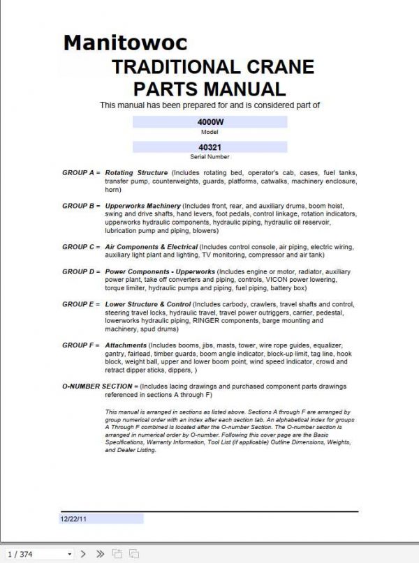 Manitowoc Cranes 4000W 40321 PM 12 22 2011 Spare Parts Manual PDF 1