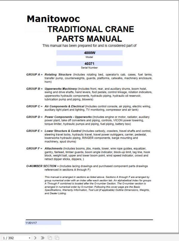 Manitowoc Cranes 4000W 40371 PM 11 01 2017 Spare Parts Manual PDF 1