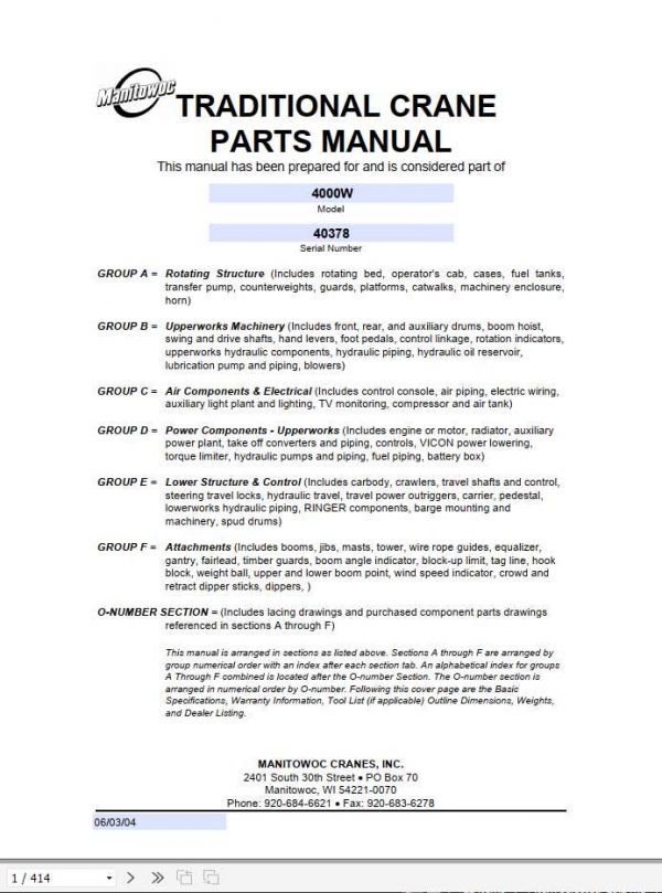 Manitowoc Cranes 4000W 40378 PM 06 03 2004 Spare Parts Manual PDF 1