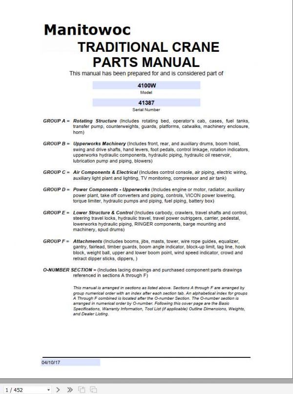 Manitowoc Cranes 4100W 41387 PM 04 10 2017 Spare Parts Manual PDF 1