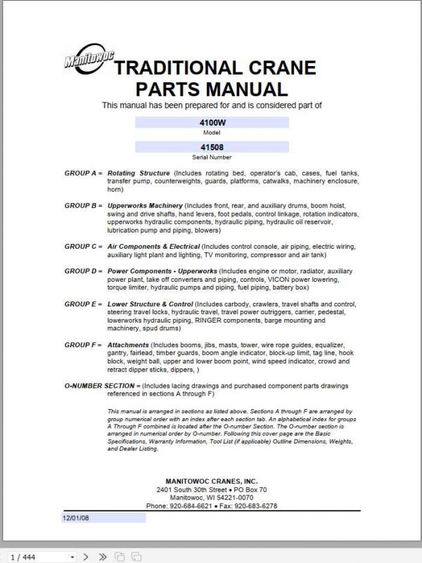 Manitowoc Cranes 4100W 41508 PM 12 01 2008 Spare Parts Manual PDF 1