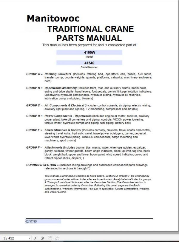 Manitowoc Cranes 4100W 41546 PM 02 17 2015 Spare Parts Manual PDF 1