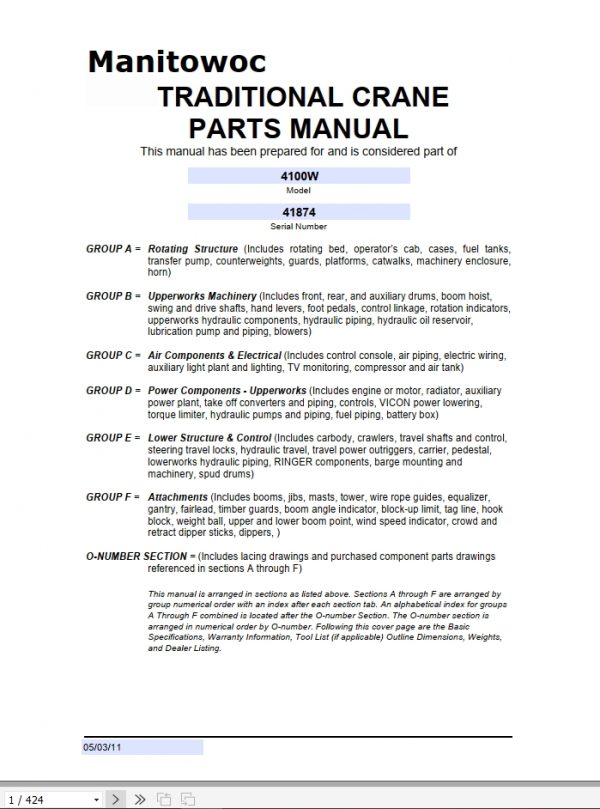Manitowoc Cranes 4100W 41874 PM 05 03 2011 Spare Parts Manual PDF 1