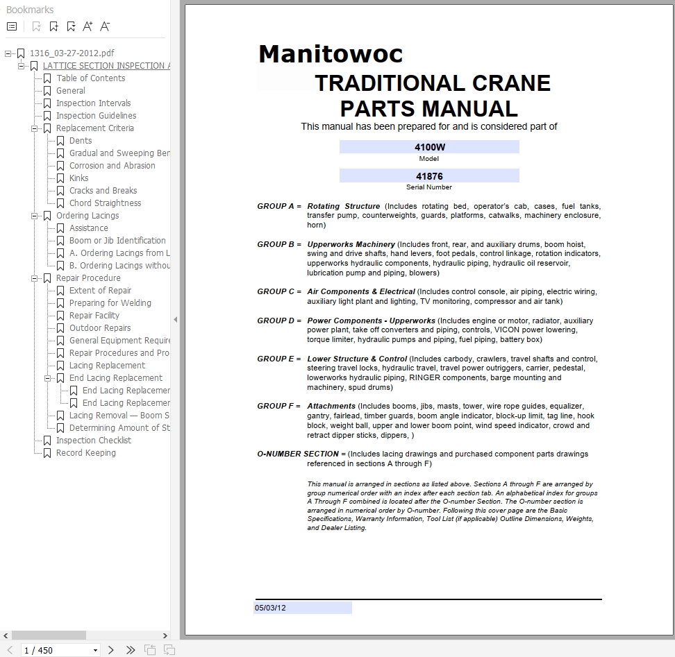 Manitowoc Cranes 4100W 41876 PM 05 03 2012 Spare Parts Manual PDF 1
