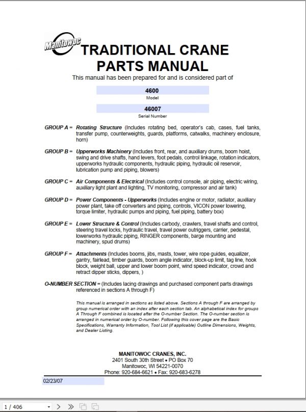 Manitowoc Cranes 4600 46007 PM 02 23 2007 Spare Parts Manual PDF 1