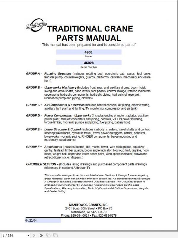 Manitowoc Cranes 4600 46028 PM 04 22 2004 Spare Parts Manual PDF 1