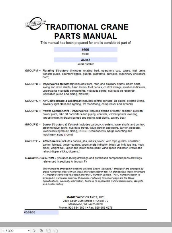 Manitowoc Cranes 4600 46047 PM 08 01 2005 Spare Parts Manual PDF 1