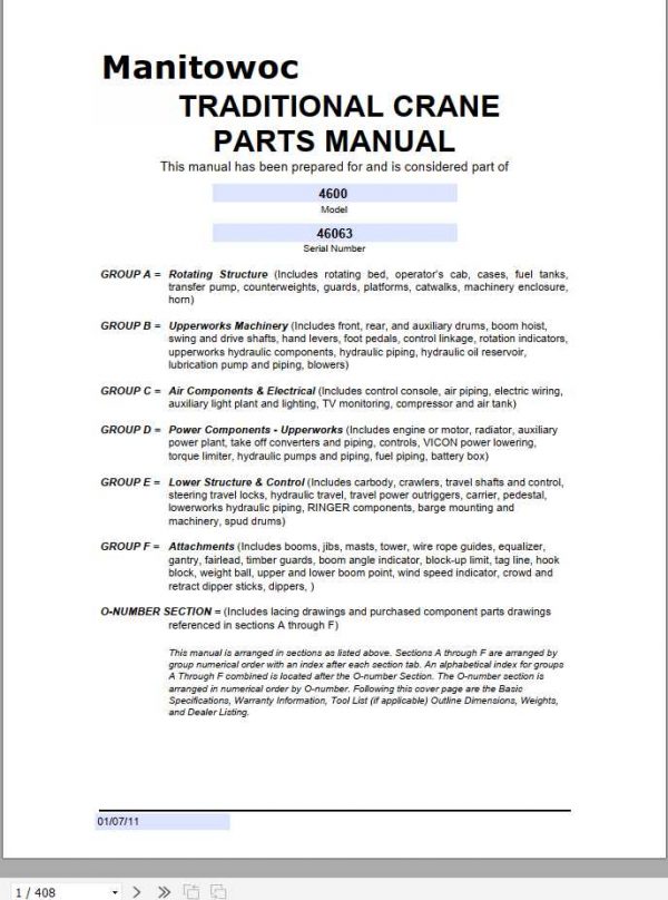 Manitowoc Cranes 4600 46063 PM 01 07 2011 Spare Parts Manual PDF 1