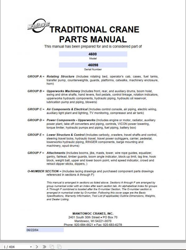 Manitowoc Cranes 4600 46098 PM 06 22 2004 Spare Parts Manual PDF 1