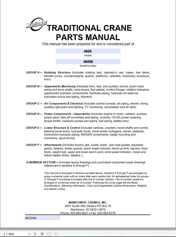 Manitowoc Cranes 4600 46098 PM 06 22 2004 Spare Parts Manual PDF 1