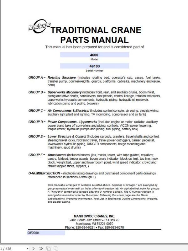 Manitowoc Cranes 4600 46103 PM 08 09 2004 Spare Parts Manual PDF 1
