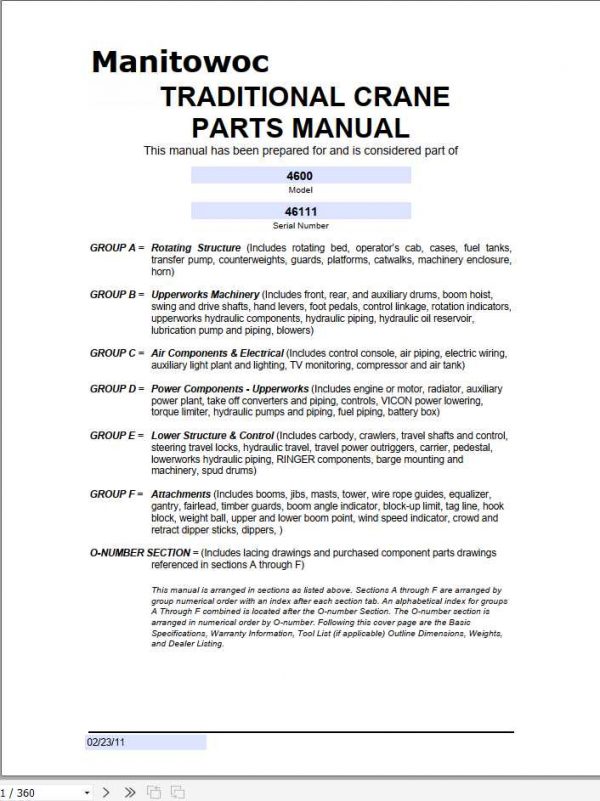Manitowoc Cranes 4600 46111 PM 02 23 2011 Spare Parts Manual PDF 1