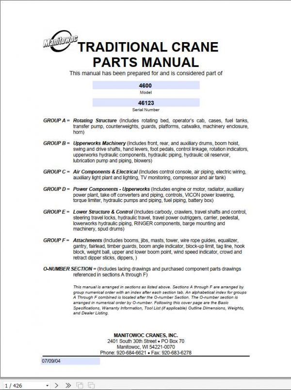 Manitowoc Cranes 4600 46123 PM 07 09 2004 Spare Parts Manual PDF 1