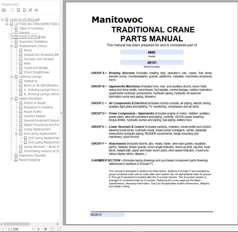 Manitowoc Cranes 4600 46151 PM 04 29 2015 Spare Parts Manual PDF 1