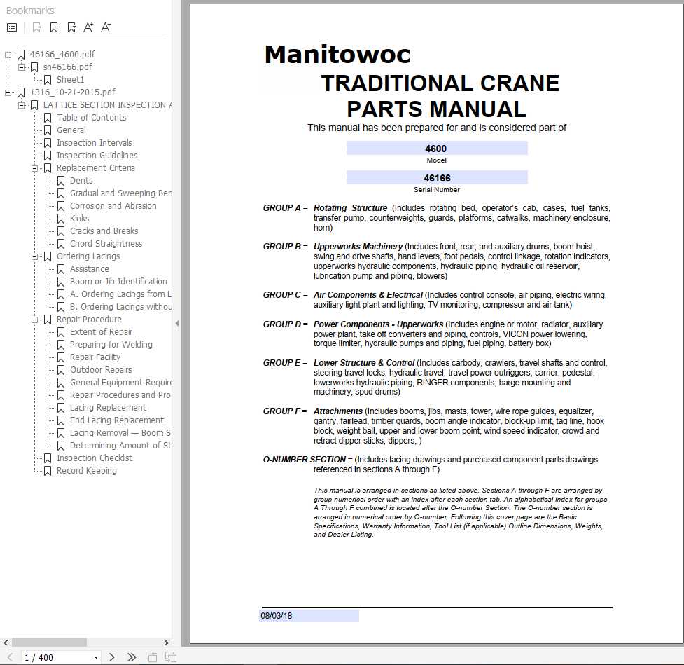 Manitowoc Cranes 4600 46166 PM 08 03 2018 Spare Parts Manual PDF 1
