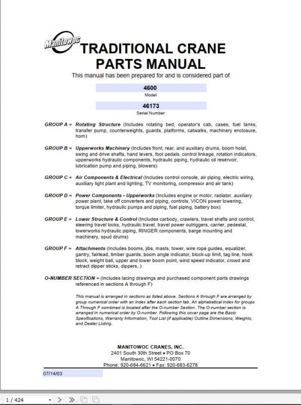 Manitowoc Cranes 4600 46173 PM 07 14 2003 Spare Parts Manual PDF 1