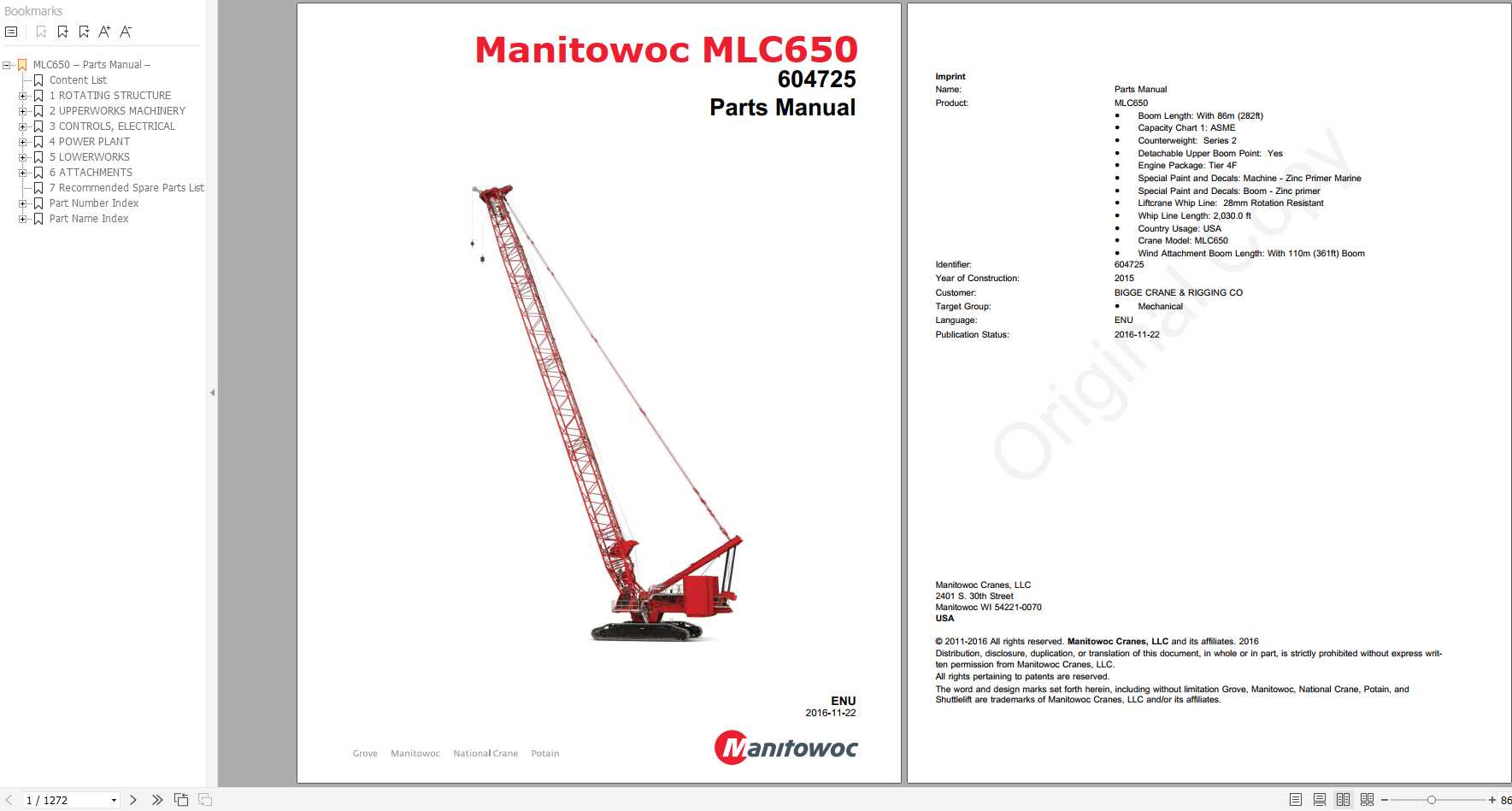 Manitowoc Cranes MLC650 PM 604725 Spare Parts Manual PDF 1