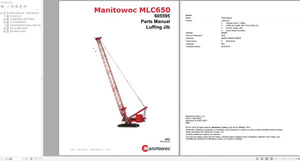 Manitowoc Cranes MLC650 PM 605595 Luffing Jib Spare Parts Manual PDF 1