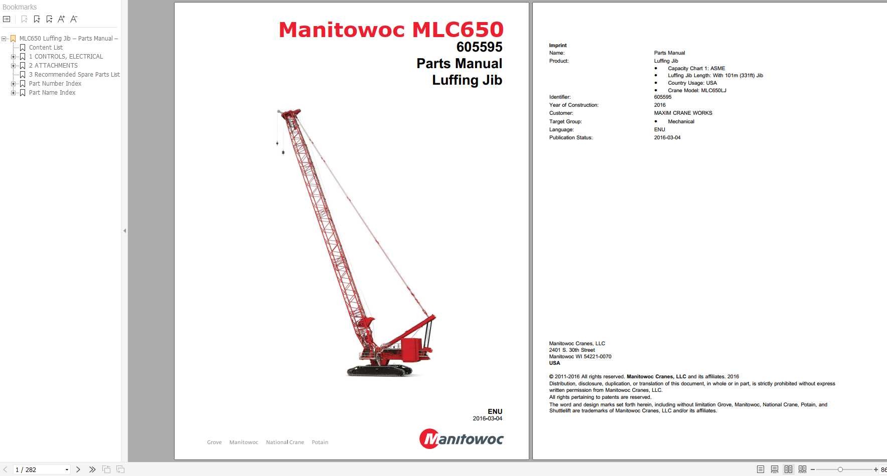 Manitowoc Cranes MLC650 PM 605595 Luffing Jib Spare Parts Manual PDF 1