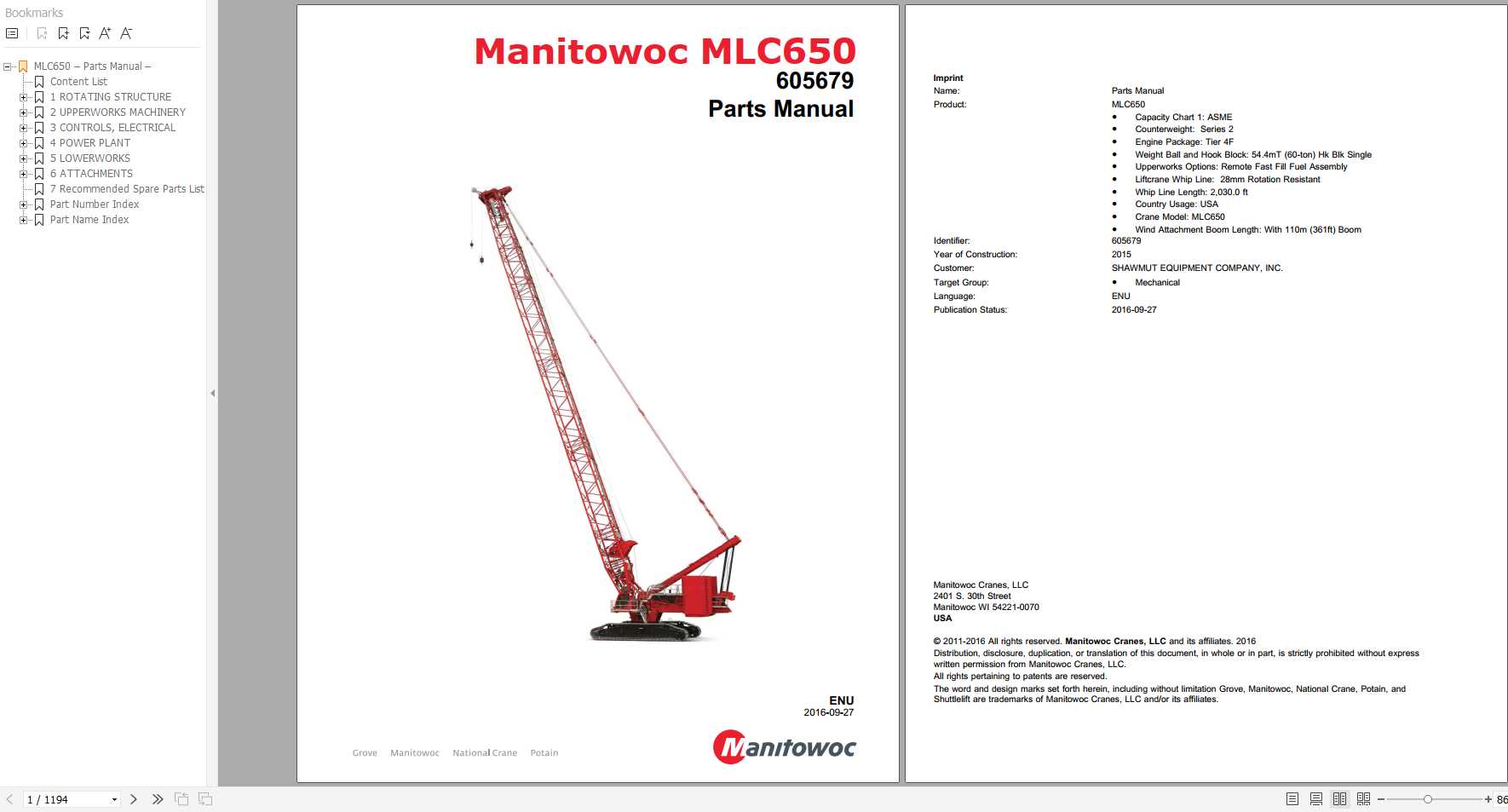 Manitowoc Cranes MLC650 PM 605679 Spare Parts Manual PDF 1