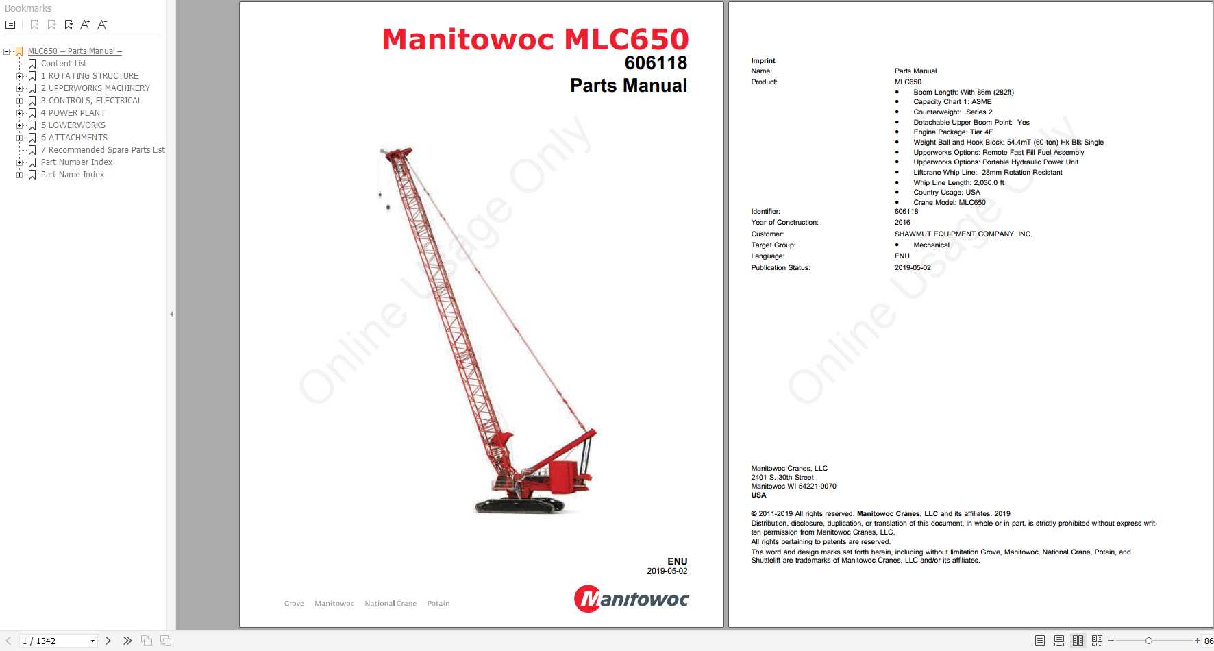 Manitowoc Cranes MLC650 PM 606118 ENU Spare Parts Manual PDF 1