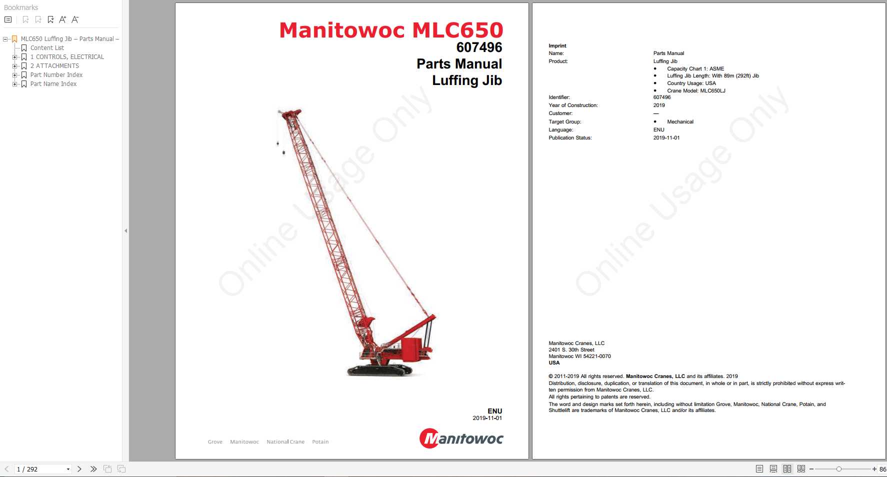Manitowoc Cranes MLC650 PM 607496 ENU Luffing Jib Spare Parts Manual PDF 1