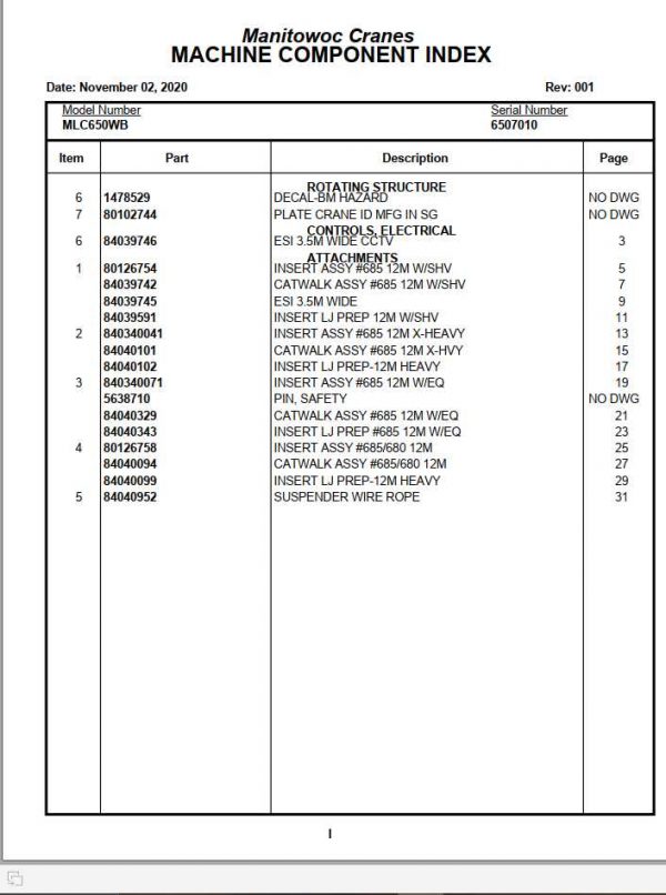 Manitowoc Cranes MLC650WB PM 6507010 PROJ 100296 REV 001 Spare Parts Manual PDF 1