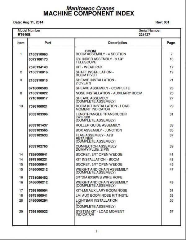 Manitowoc Cranes PM 221427 001 RT650E PARTS Spare Parts Manual PDF 1