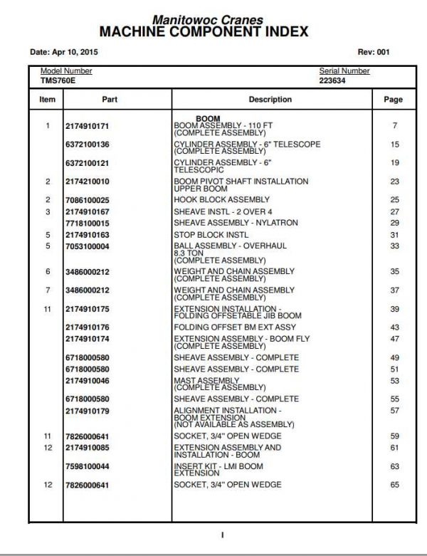 Manitowoc Cranes PM 223634 001 TMS760E Spare Parts Manual PDF 1