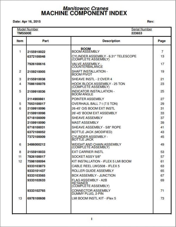 Manitowoc Cranes PM 223653 000 TMS500E Spare Parts Manual PDF 1