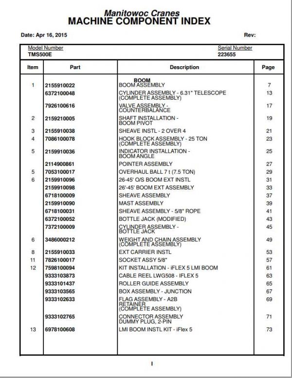 Manitowoc Cranes PM 223655 000 TMS500E Spare Parts Manual PDF 1