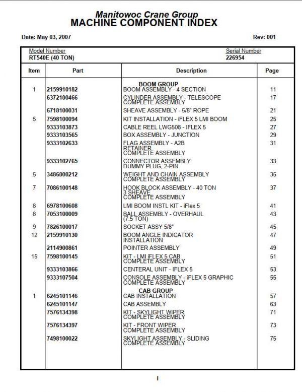 Manitowoc Cranes PM 226954 001 RT540E 40 TON Spare Parts Manual PDF 1