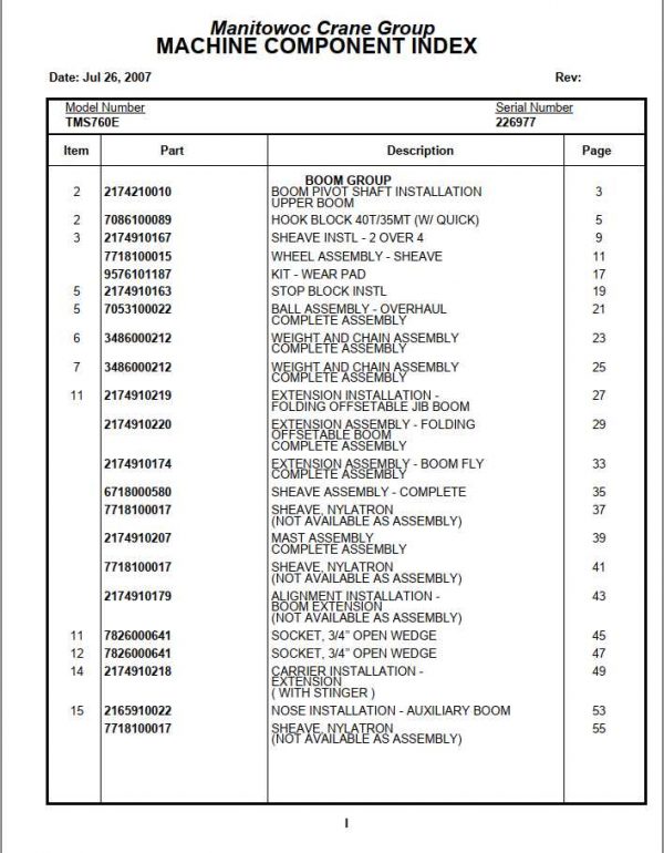 Manitowoc Cranes PM 226977 000 TMS700E07 Spare Parts Manual PDF 1