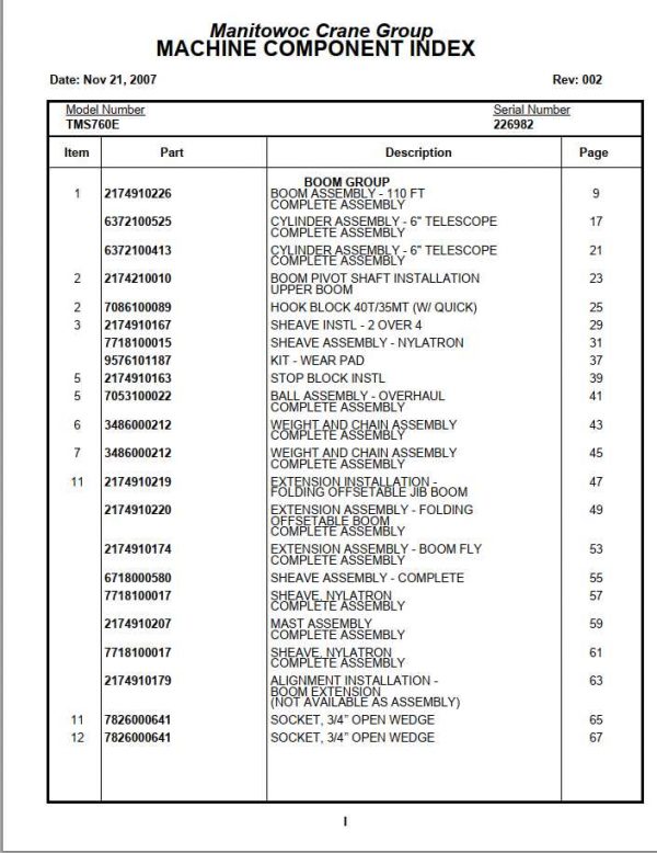 Manitowoc Cranes PM 226982 002 TMS760E Spare Parts Manual PDF 1