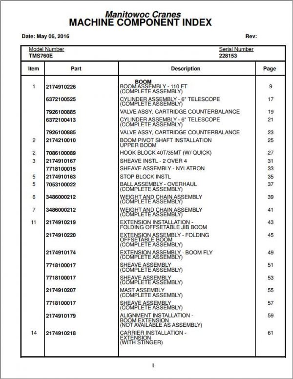 Manitowoc Cranes PM 228153 000 TMS760E Spare Parts Manual PDF 1