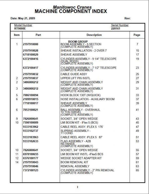 Manitowoc Cranes PM 228162 000 RT9000E Spare Parts Manual PDF 1