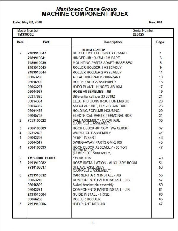 Manitowoc Cranes PM 228825 001 TMS9000E Spare Parts Manual PDF 1