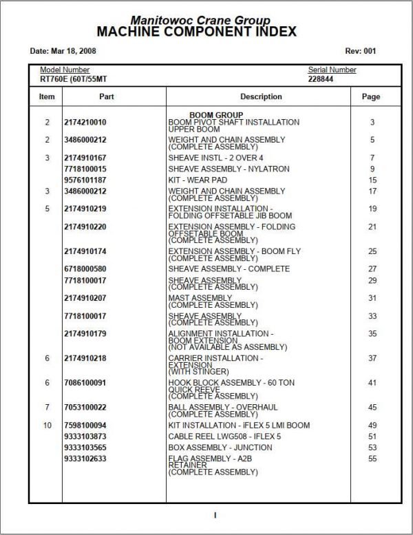 Manitowoc Cranes PM 228844 001 RT760E Spare Parts Manual PDF 1