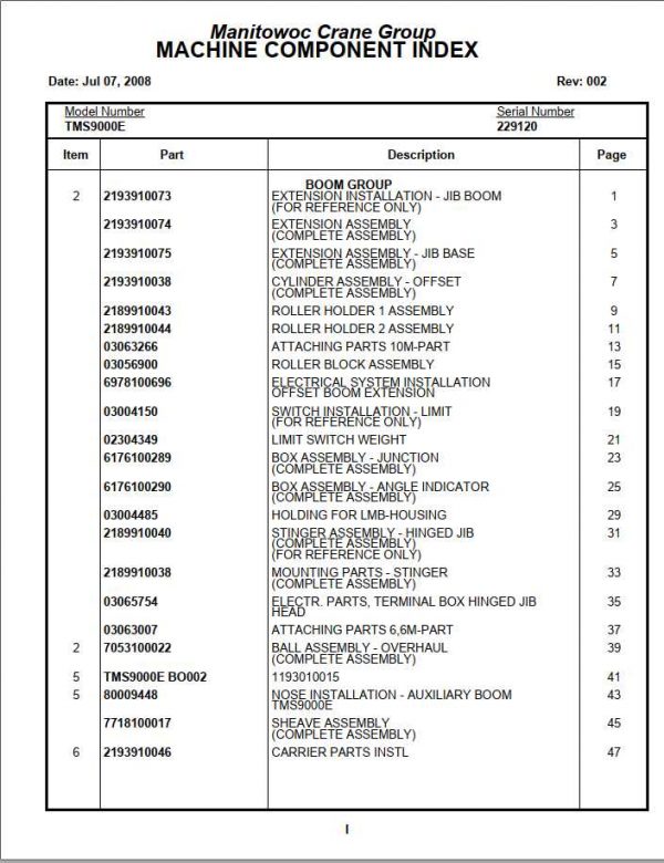 Manitowoc Cranes PM 229120 002 TMS9000E Spare Parts Manual PDF 1 1
